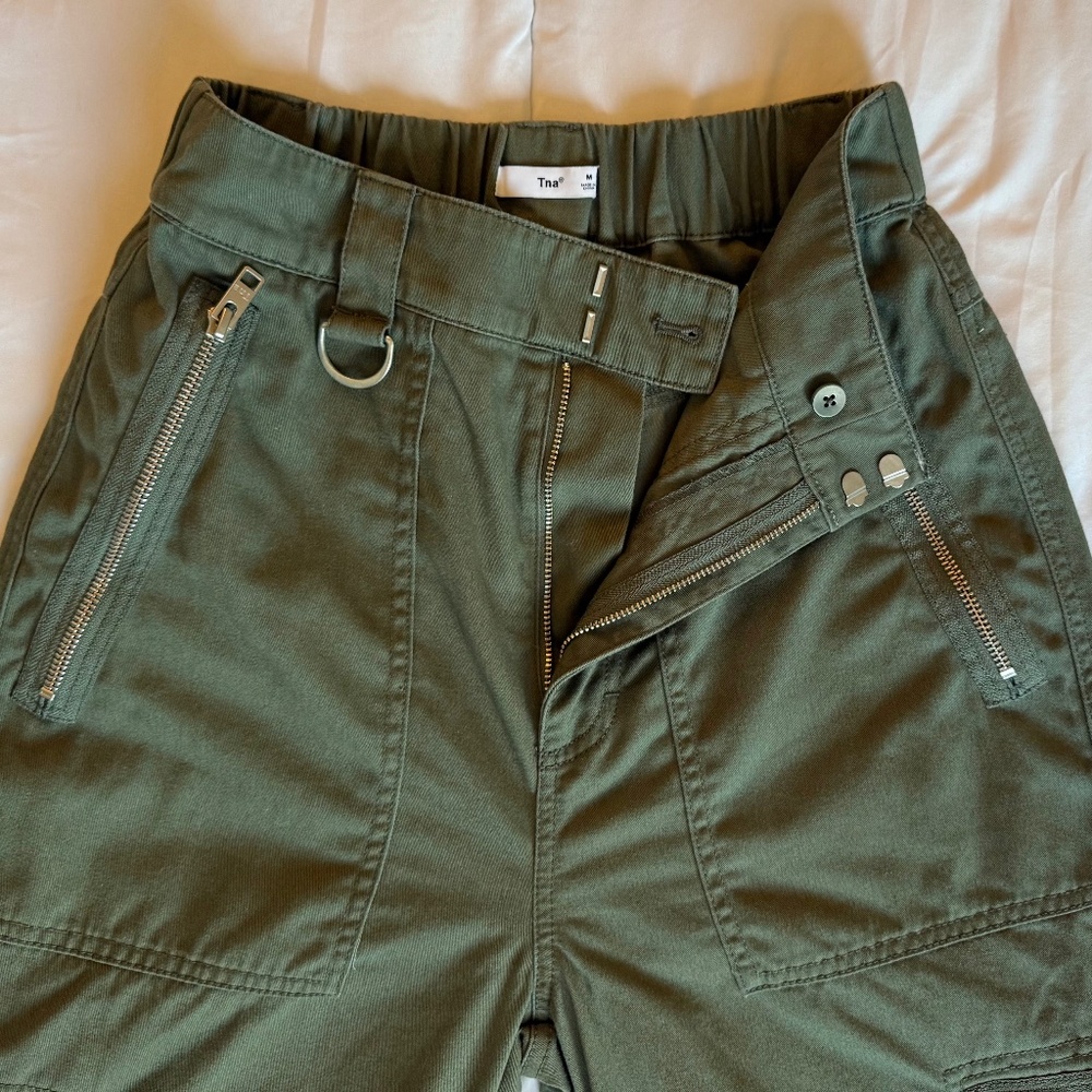 TnA High-Waisted Army Green Cargo Joggers with Zippers